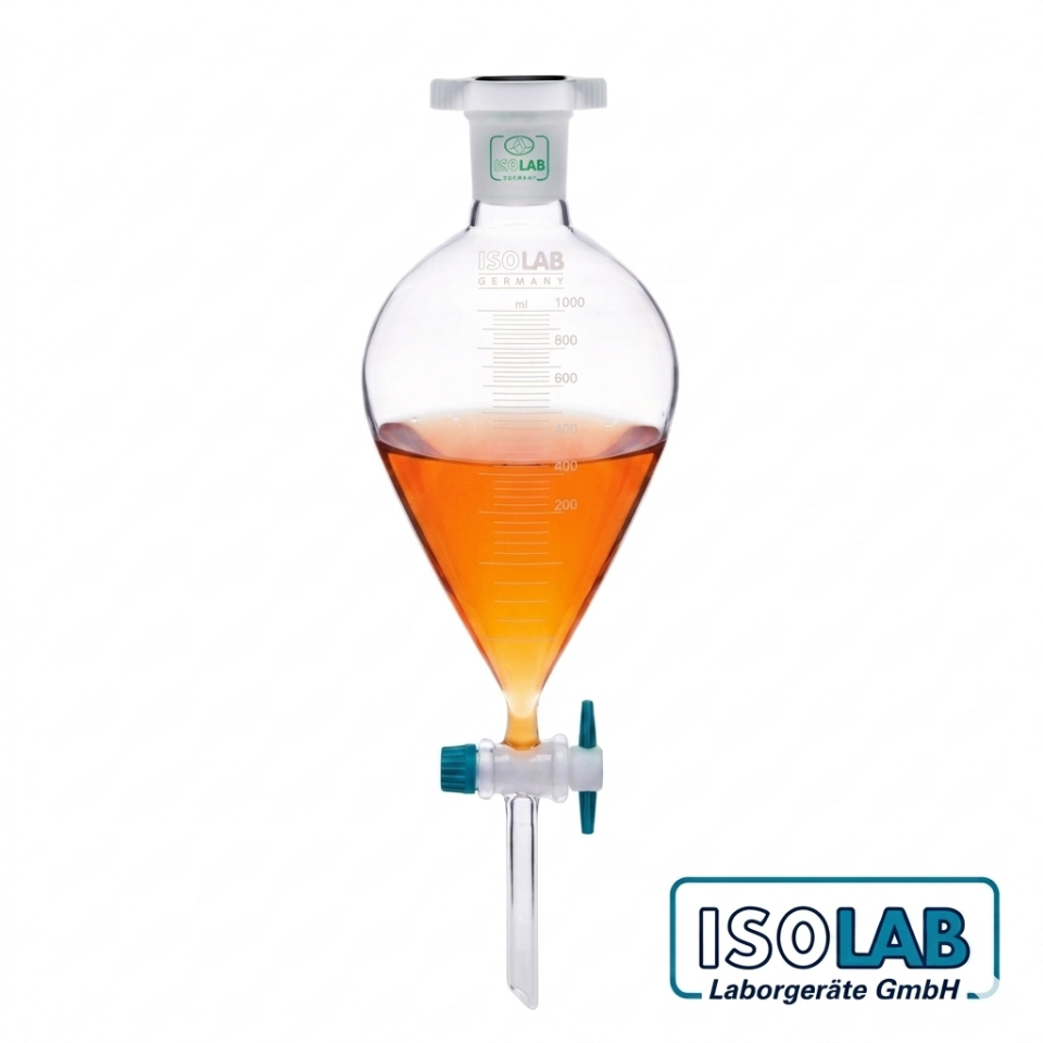 ISOLAB Cam Ayırma Hunisi Armudi Dereceli - PTFE Musluklu-NS29/32-500mL