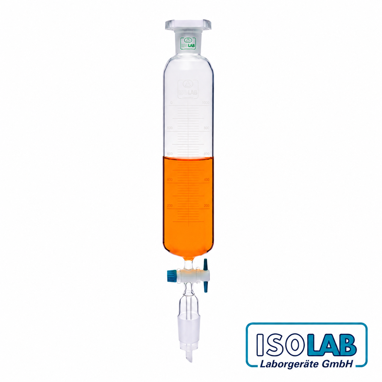 ISOLAB Silindirik Damlatma Hunisi 250 ml – Cam – Dereceli – PTFE Musluklu – NS 29/32 –