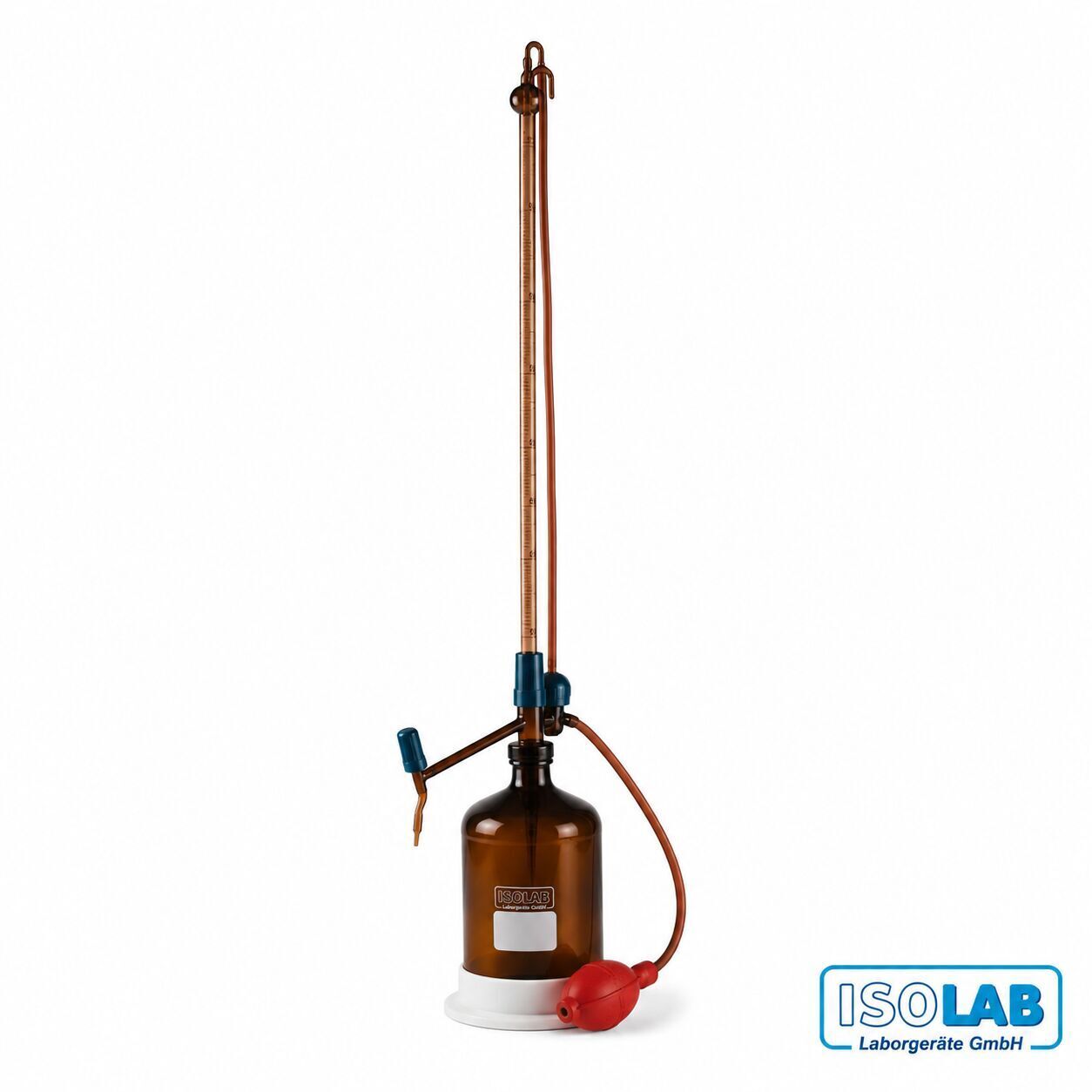 ISOLAB Otomatik Büret Amber 50 mL PTFE Ara Musluklu Beyaz Skala