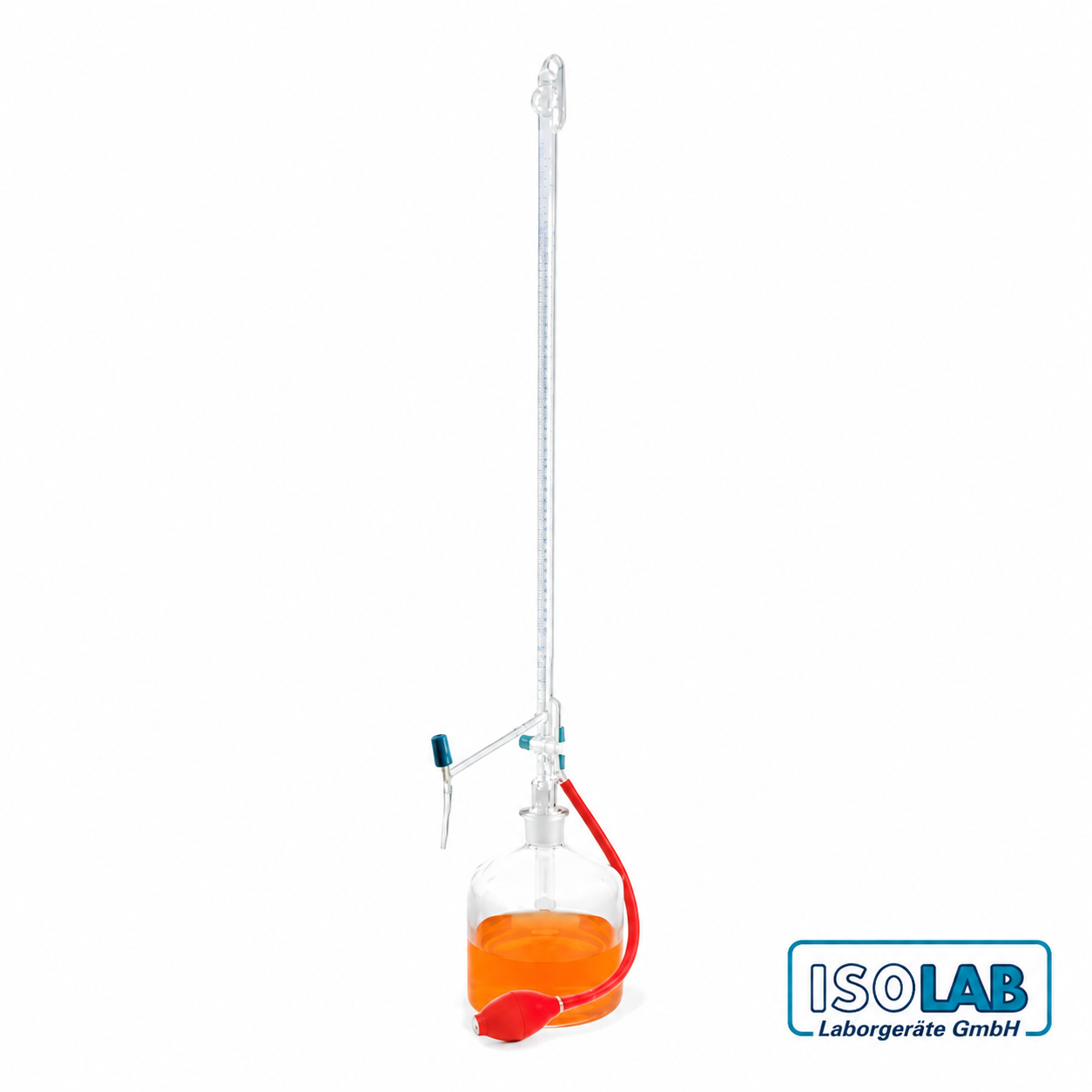 ISOLAB Otomatik Büret 50 mL Şeffaf PTFE Ara Musluklu Şelbah Çizgili Mavi Skala
