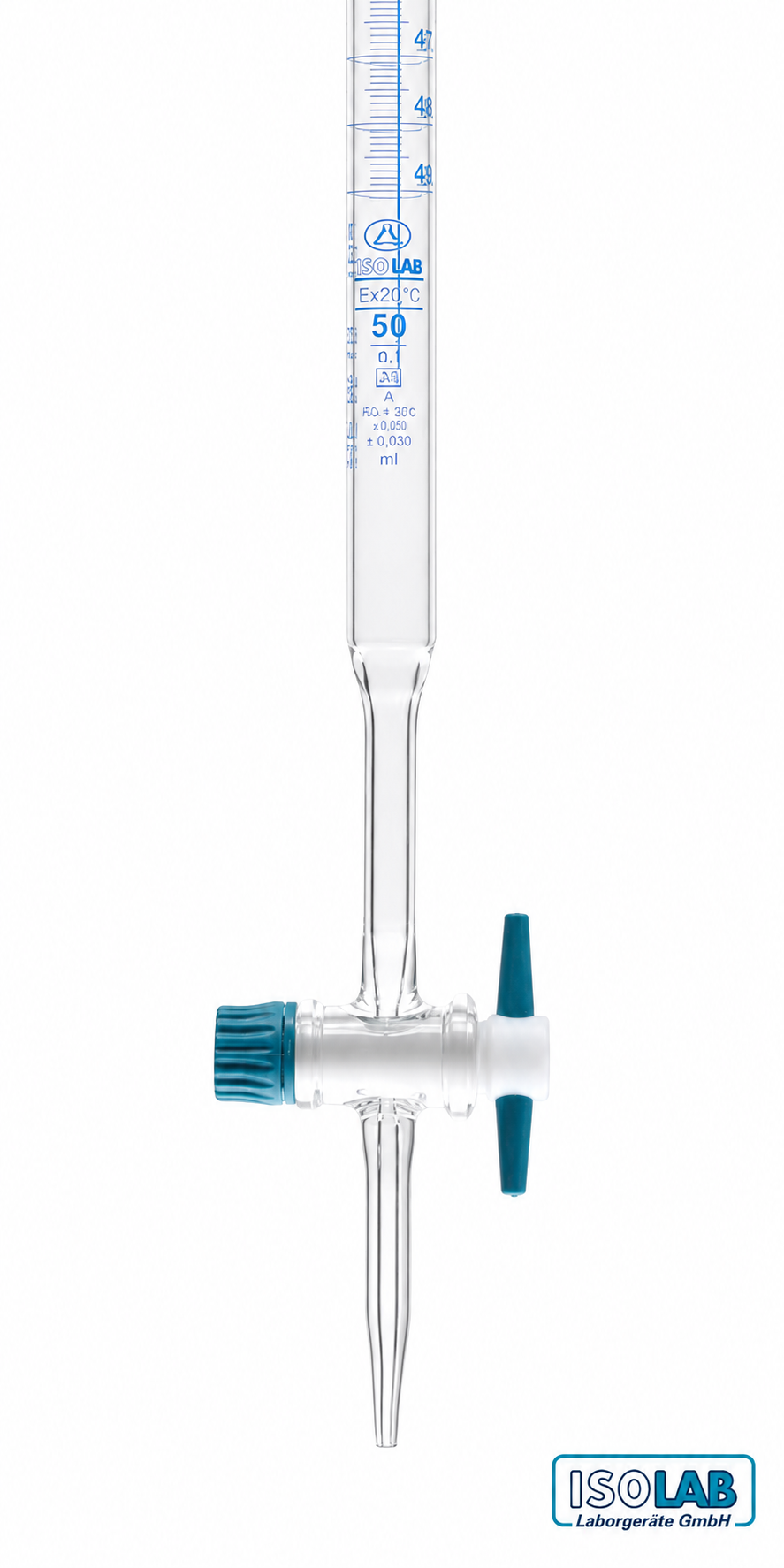 ISOLAB Düz Büret 10 mL Şeffaf PTFE Musluklu Şelbah Çizgili Mavi Skala