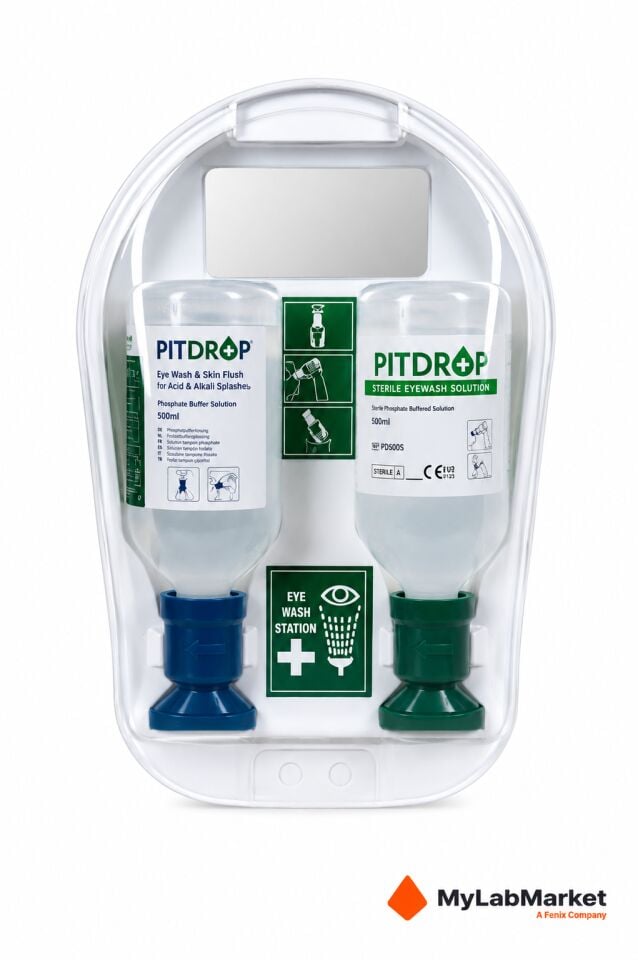 Pitdrop Göz Duşu Seti Mavi + Yeşil Kapak 500 mL x 2 Aynalı Duvar Tipi