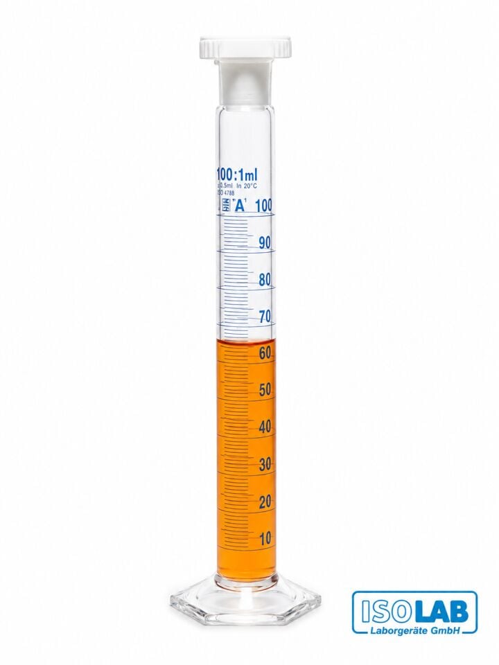ISOLAB Cam Çalkalama Mezürü Hexagonal Tabanlı A Kalite Grup Sertifikalı Mavi Skala 10 mL