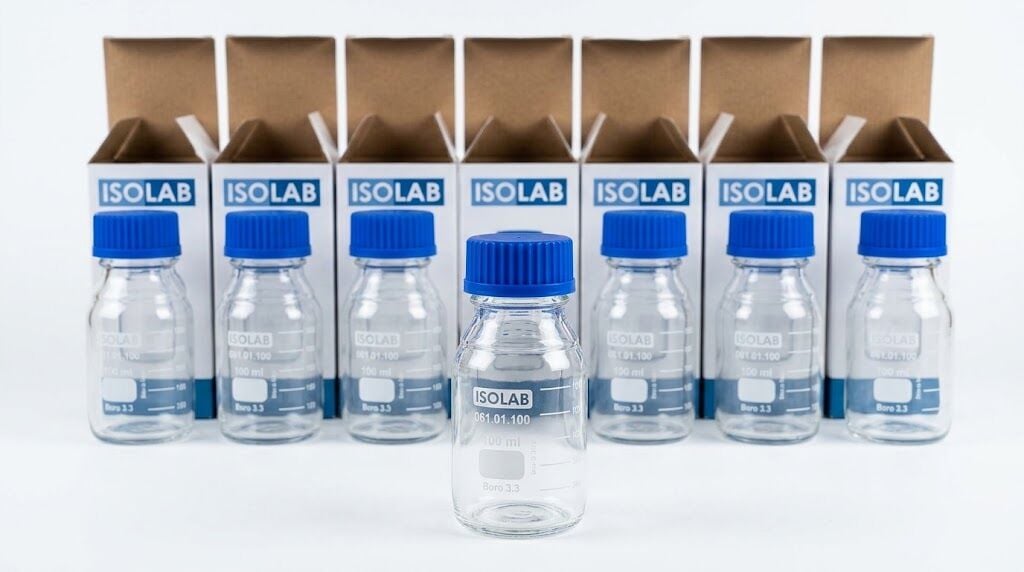 ISOLAB Şişe Borosilikat Cam Şeffaf Vidalı Kapaklı Otoklavlanabilir 100 ml / 1 Adet