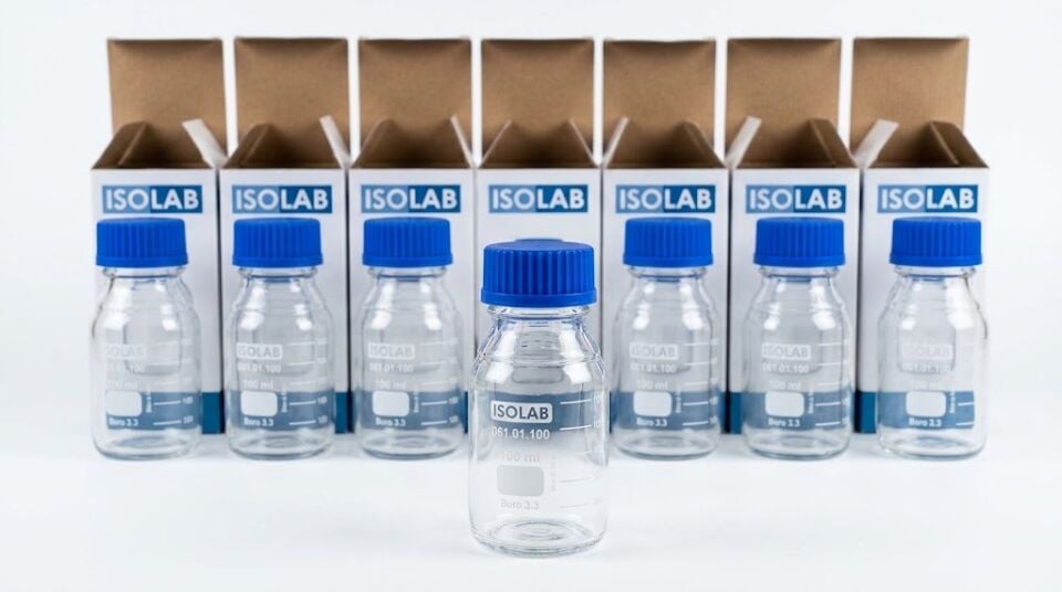 ISOLAB Şişe Borosilikat Cam Şeffaf Vidalı Kapaklı Otoklavlanabilir 100 ml / 1 Adet