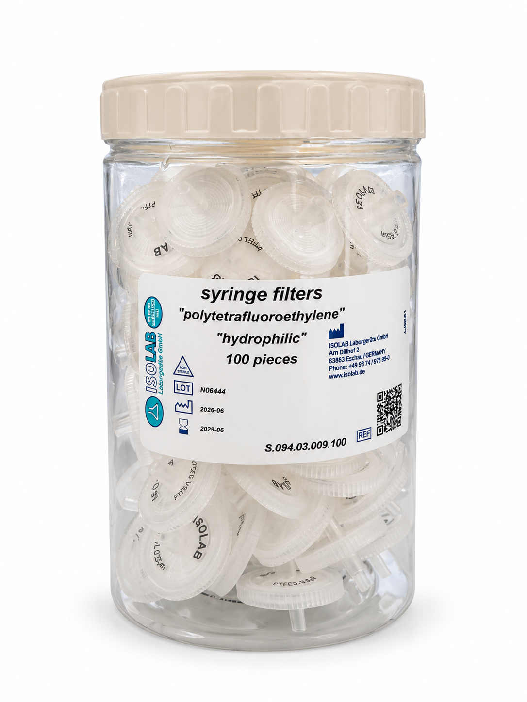 ISOLAB Hidrofilik PTFE Şırınga Filtresi - 0,22 µm / 25 mm / 100 Adet